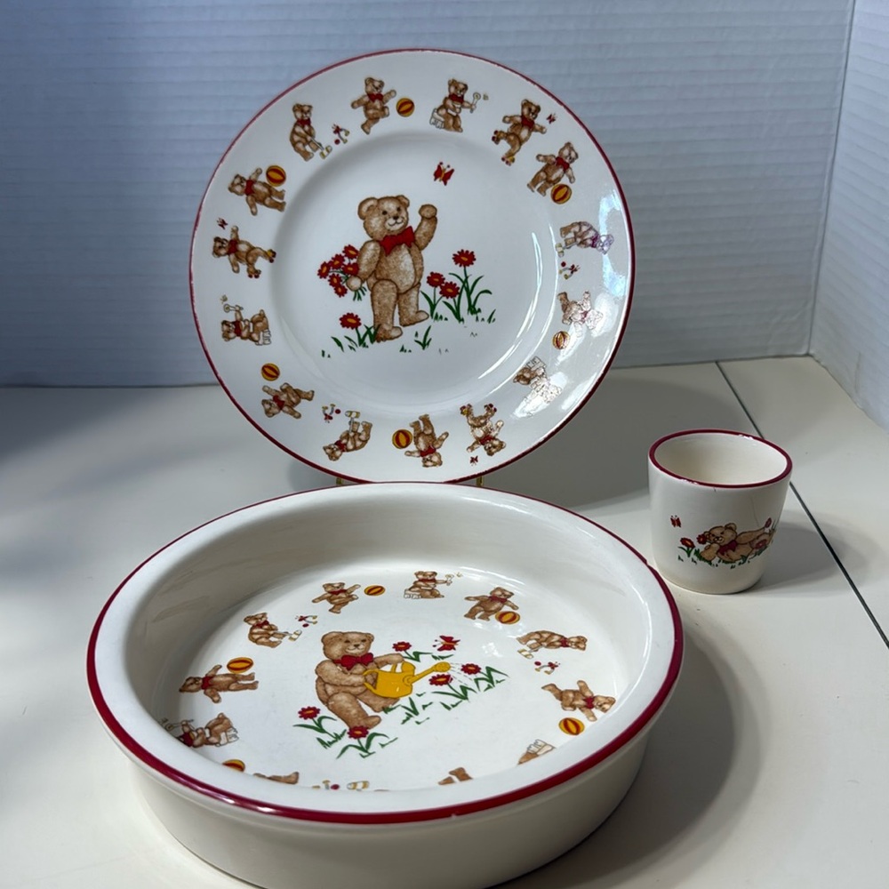 Mason’s Ironstone Vintage 1984 Teddy Bear 3 Pc Plate Bowl Cup Made in England